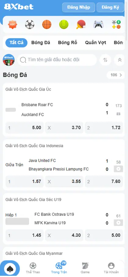 Trang trực tiếp 8Xbet trên điện thoại với các môn bóng đá, bóng rổ, esports