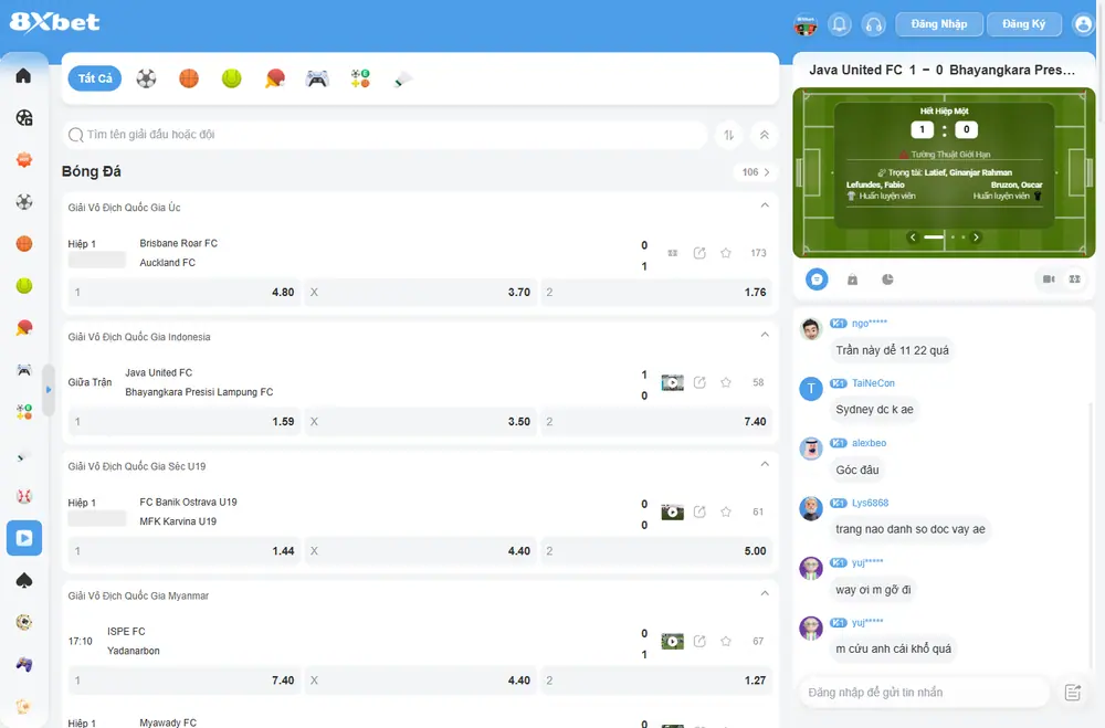 Trang 8Xbet live với danh sách trận bóng đá, khung theo dõi trận và phòng chat