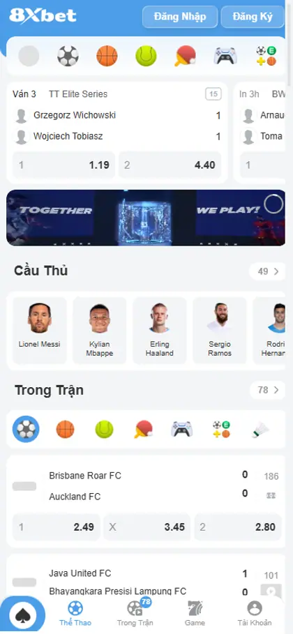 8Xbet trên trình duyệt điện thoại với thanh Thể Thao, Trong Trận, Game, Tài Khoản