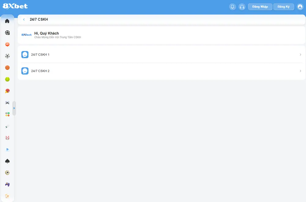 Trung tâm chăm sóc khách hàng 24/7 của 8Xbet với hai kênh chat CSKH 1 và CSKH 2