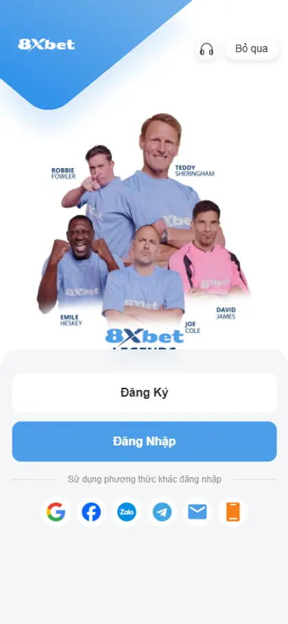 Màn hình đăng nhập 8Xbet trên điện thoại với nút Đăng Nhập, Đăng Ký và phương thức khác