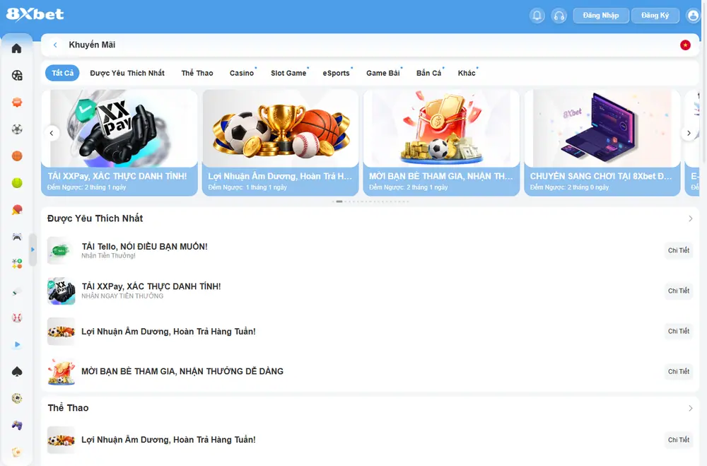 Trang khuyến mãi 8Xbet với các nhóm Thể Thao, Casino, Slot Game, eSports, Game Bài, Bắn Cá