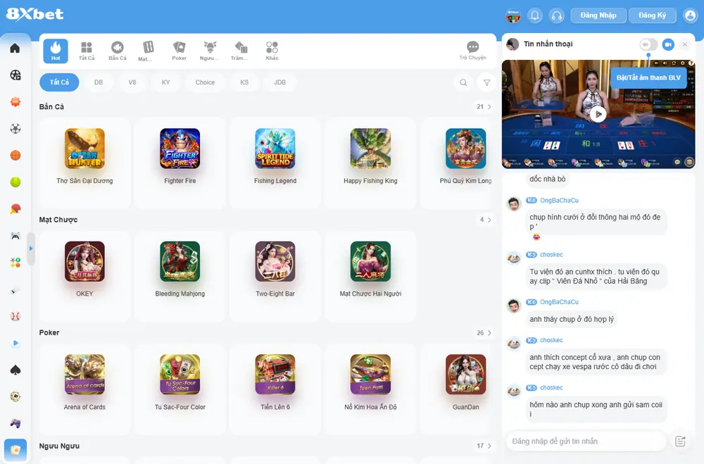 Sảnh game bài và bắn cá 8Xbet với các nhóm Bắn Cá, Mạt Chược, Poker, Ngưu Ngưu, Trăm Người