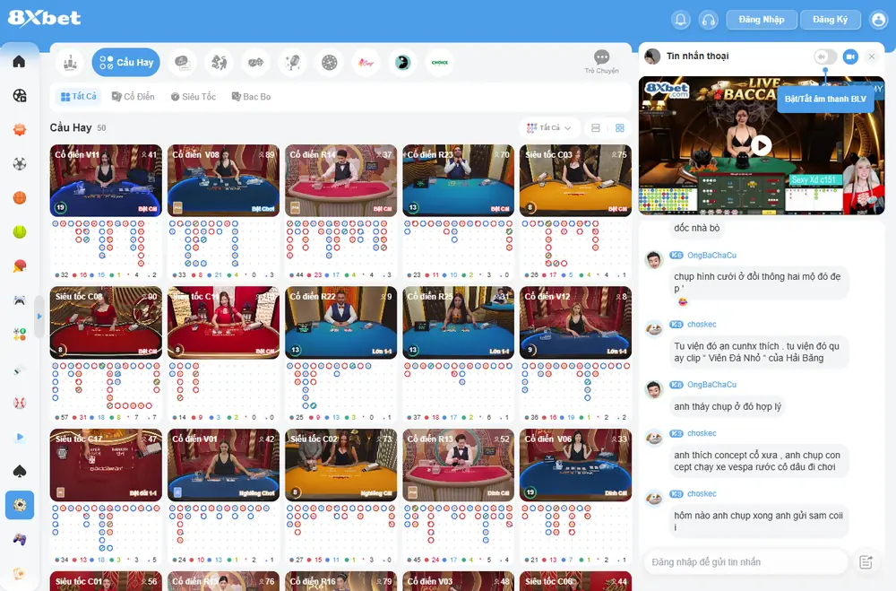 Sảnh live casino 8Xbet với các tab Baccarat, Rồng Hổ, Tài Xỉu, Roulette