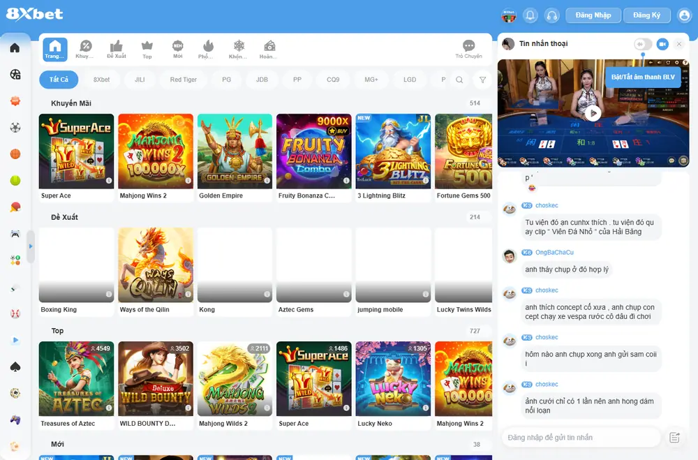 Sảnh slot nổ hũ 8Xbet với bộ lọc Đề Xuất, Top, Mới, Phổ Biến, Hoàn Trả Cao