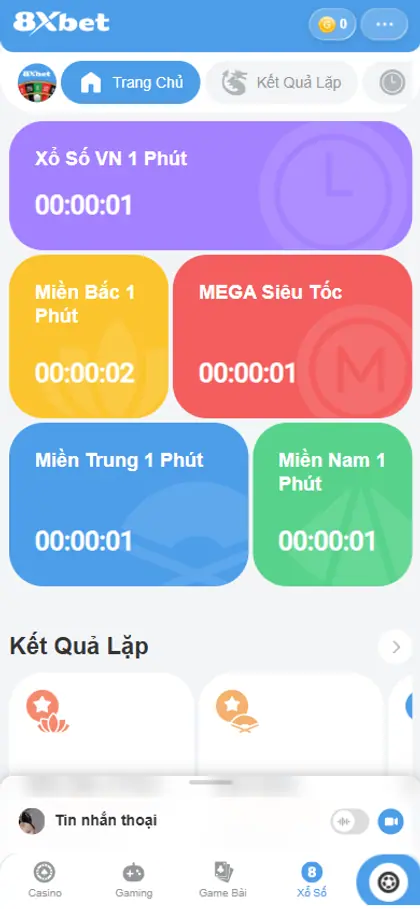 Sảnh xổ số 8Xbet với Xổ Số Siêu Tốc, Miền Bắc, Miền Trung, Miền Nam và MEGA